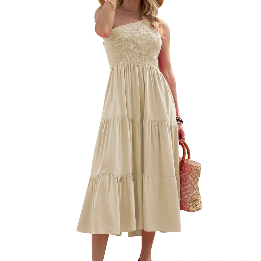 Women Dress One Piece Pure Color Shirred Design Single Shoulder Layered Skirt for Summer Apricot S