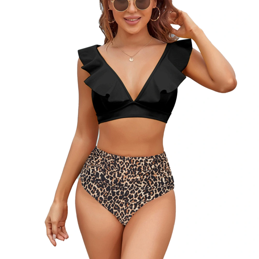 Women Two Piece Bikini with Chest Pad Adjustable Shoulder Straps V Neck Ruffle Trim Swimwear Bikini Set for Women Black L