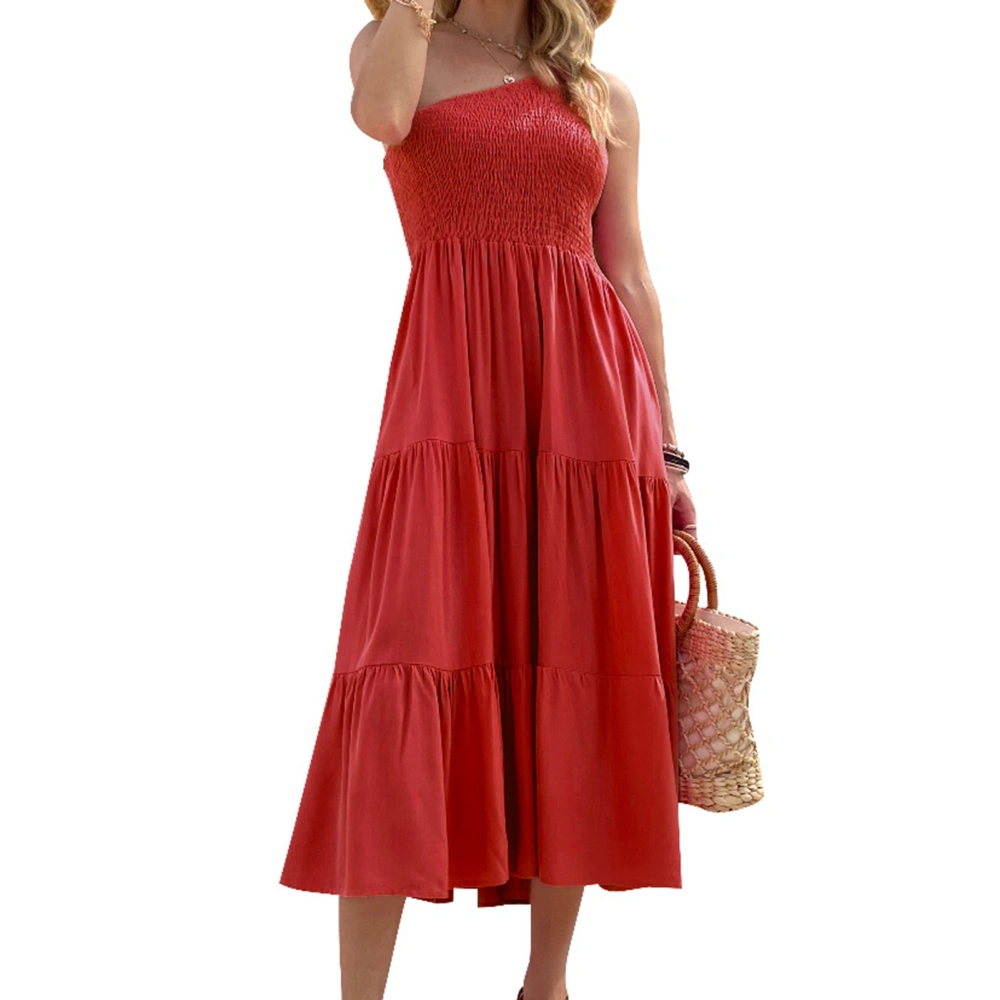 Women Dress One Piece Pure Color Shirred Design Single Shoulder Layered Skirt for Summer Red S