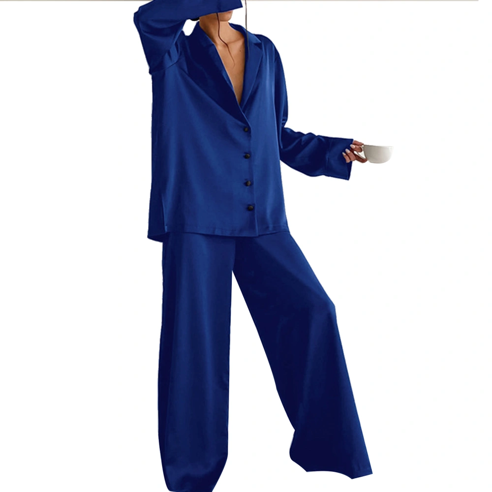 Satin Pajama Set Long Sleeve Full Length Pants Single Breasted Turn Down Collar Satin Sleepwear Set Blue L