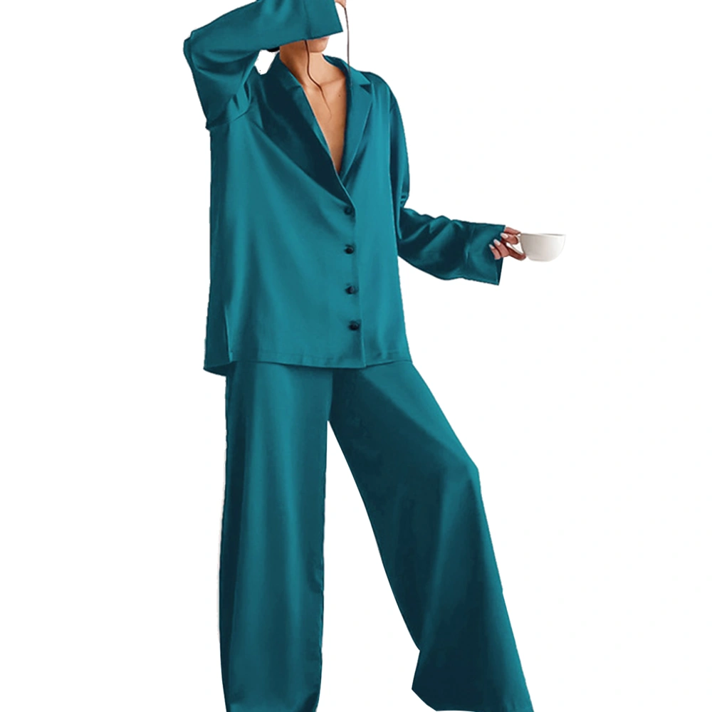 Satin Pajama Set Long Sleeve Full Length Pants Single Breasted Turn Down Collar Satin Sleepwear Set Light Green M