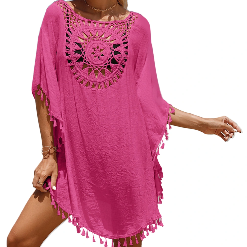 Bikini Cover Up Pure Color Round Neck Batwing Sleeves Hollow Tassel Design Loose Comfortable Bathing Suit Cover Up for Beach Rose Red Free Size