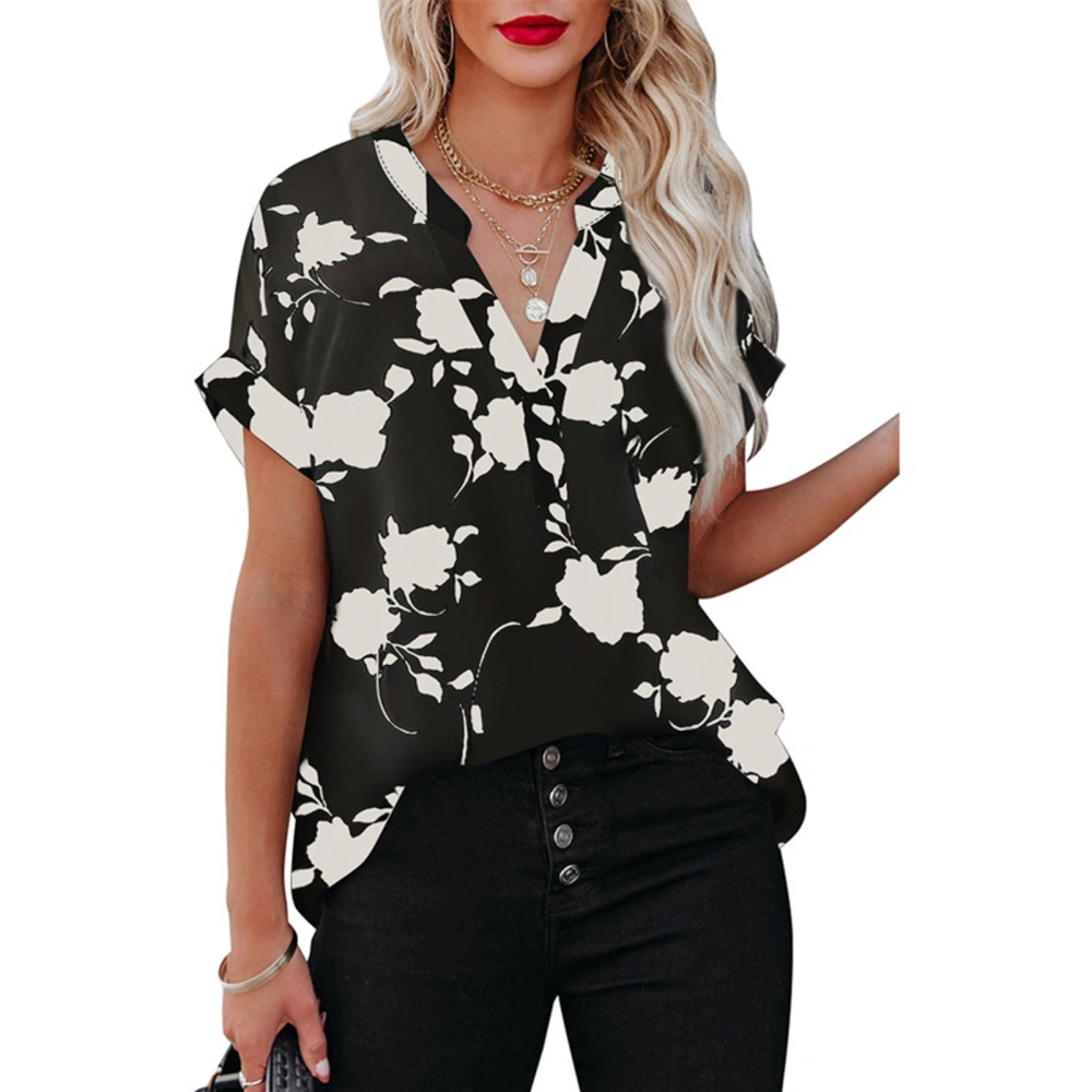 Women Casual Short Sleeve Blouse Floral Print V Neck Vintage Breathable Loose Shirts Top Black M