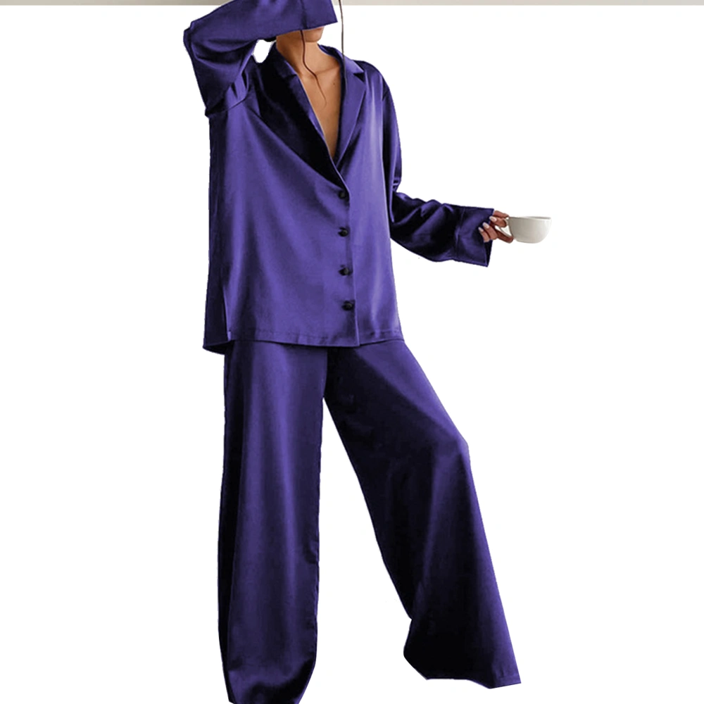 Satin Pajama Set Long Sleeve Full Length Pants Single Breasted Turn Down Collar Satin Sleepwear Set Purple M