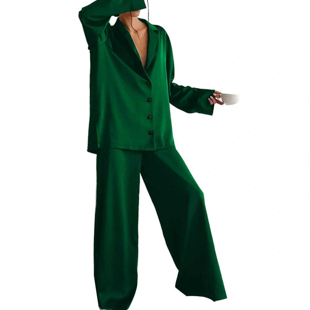 Satin Pajama Set Long Sleeve Full Length Pants Single Breasted Turn Down Collar Satin Sleepwear Set Green S