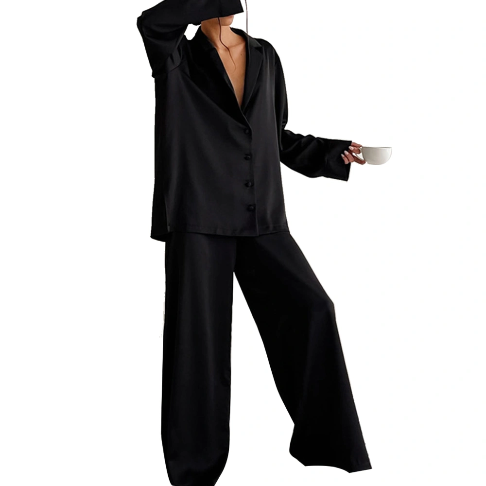 Satin Pajama Set Long Sleeve Full Length Pants Single Breasted Turn Down Collar Satin Sleepwear Set Black M