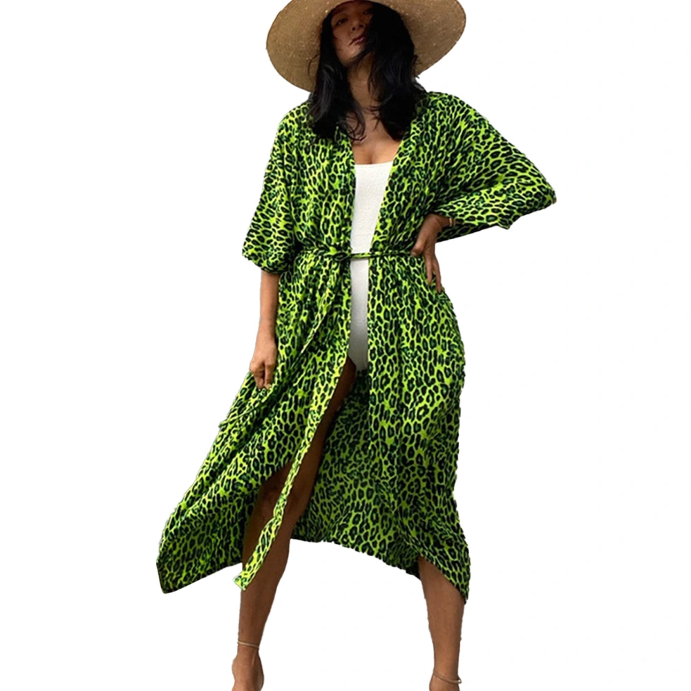 Swimwear Cover Up Bohemian Style Fashionable Loose Comfortable Bikini Cover Up with Belt for Women Green Leopard Dot Free Size