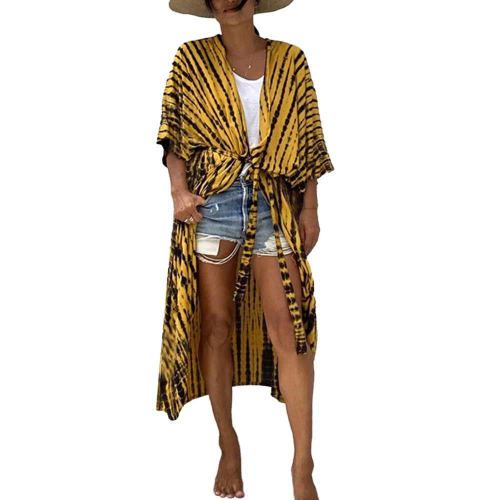 Swimwear Cover Up Bohemian Style Fashionable Loose Comfortable Bikini Cover Up with Belt for Women Yellow Black Free Size