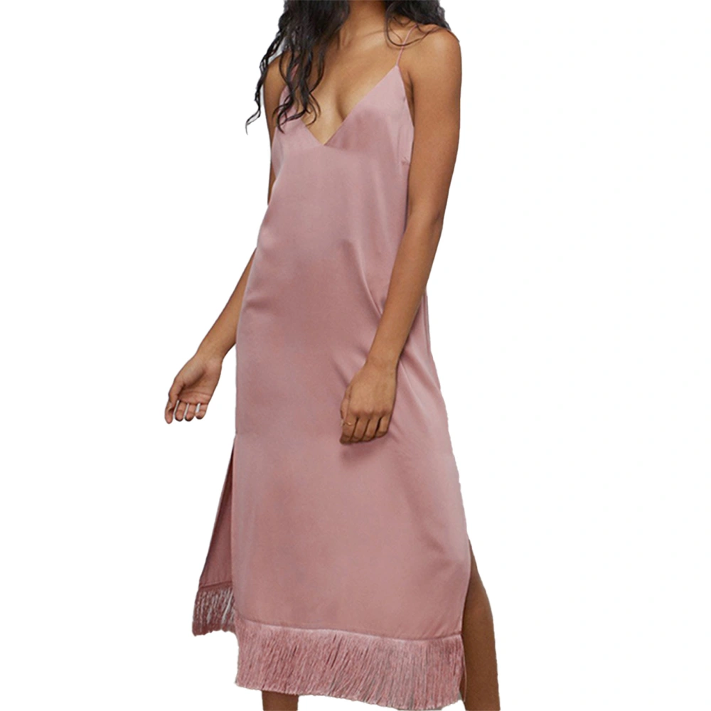 V Neck Nightgown Spaghetti Strap Side Slits Tassel Hem Comfortable Women Sleep Dress Dark Pink S