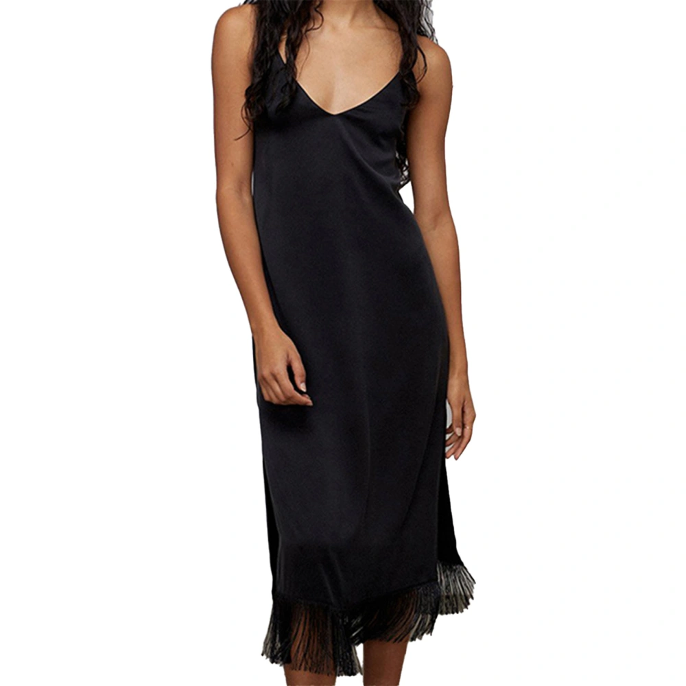 V Neck Nightgown Spaghetti Strap Side Slits Tassel Hem Comfortable Women Sleep Dress Black S