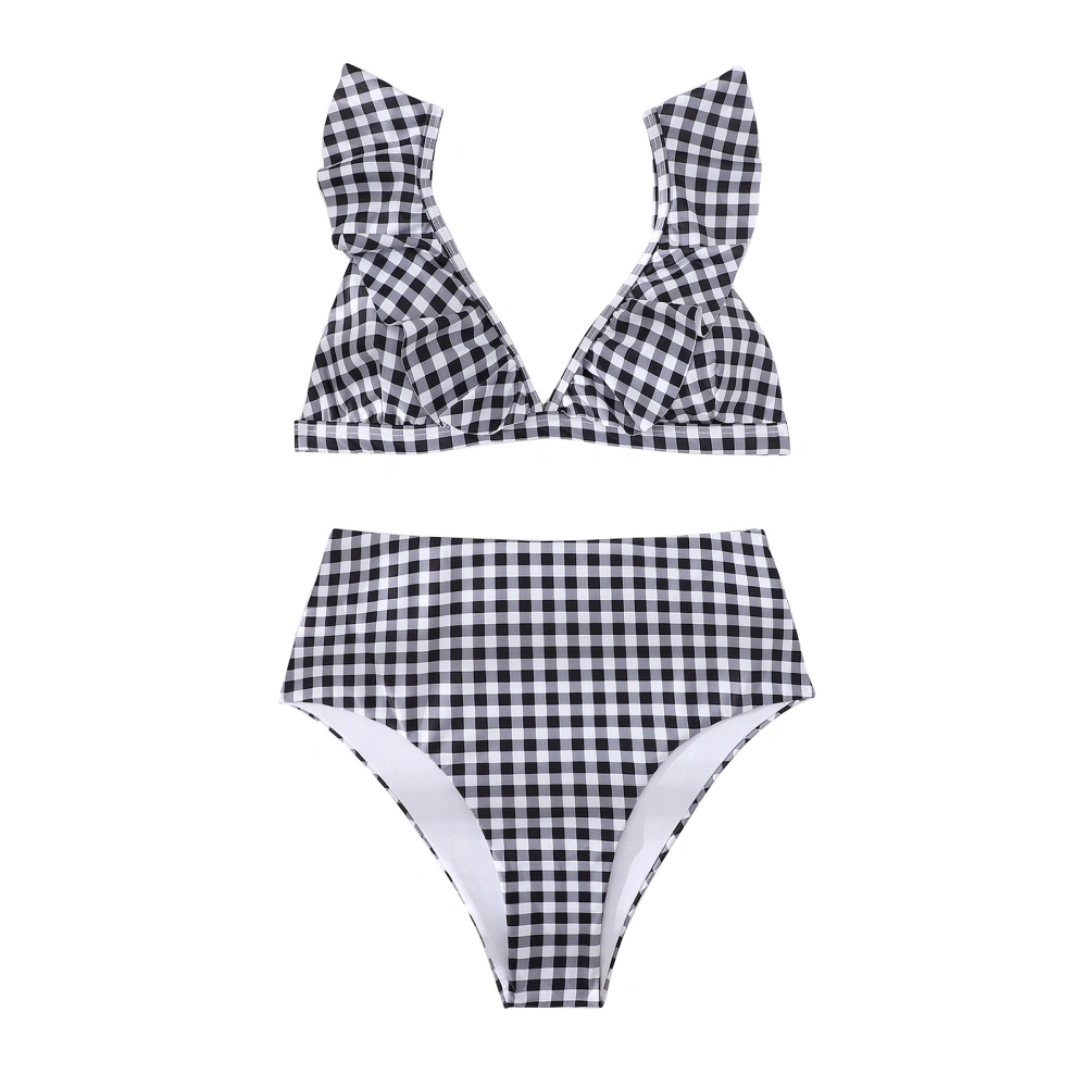 Ruffle Bikini Suit V Neck Plaid Print Color Block Backless Sleeveless 2 Piece Bathing Suit for Beach Plaid Print M