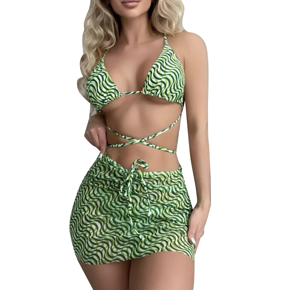 Women Bathing Suit 4 Piece Criss Cross Spaghetti Strap Breathable Backless Bikini Swimsuit with Beach Skirt Green M