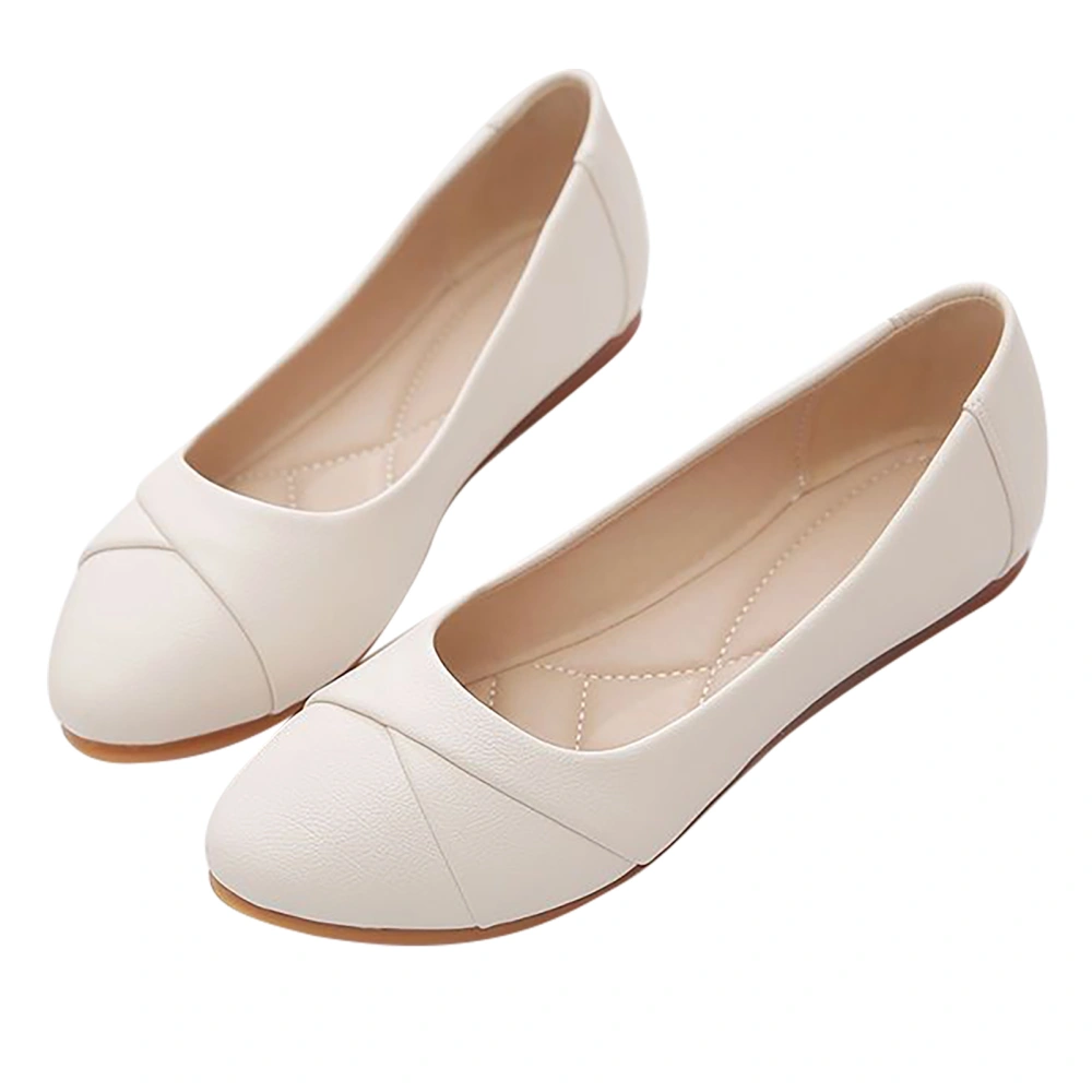 Women Flat Shallow Shoes Soft Prevent Slip Casual Artificial PU Lady Dress Shoes for Spring Autumn Beige 37