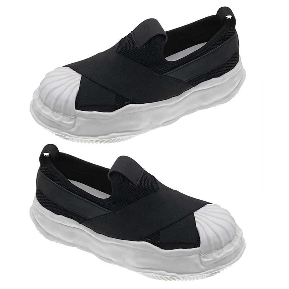 Shell Toe Casual Shoes Prevent Slip Breathable Elastic Thick Soled Round Head Platform Shoes for Spring Summer Black 37