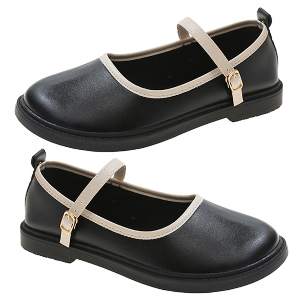 Girls Leather Shoes Soft Lining Round Toe Buckle Ankle Strap Fashionable PU Rubber Comfortable Flat Summer Leather Shoes Black 39