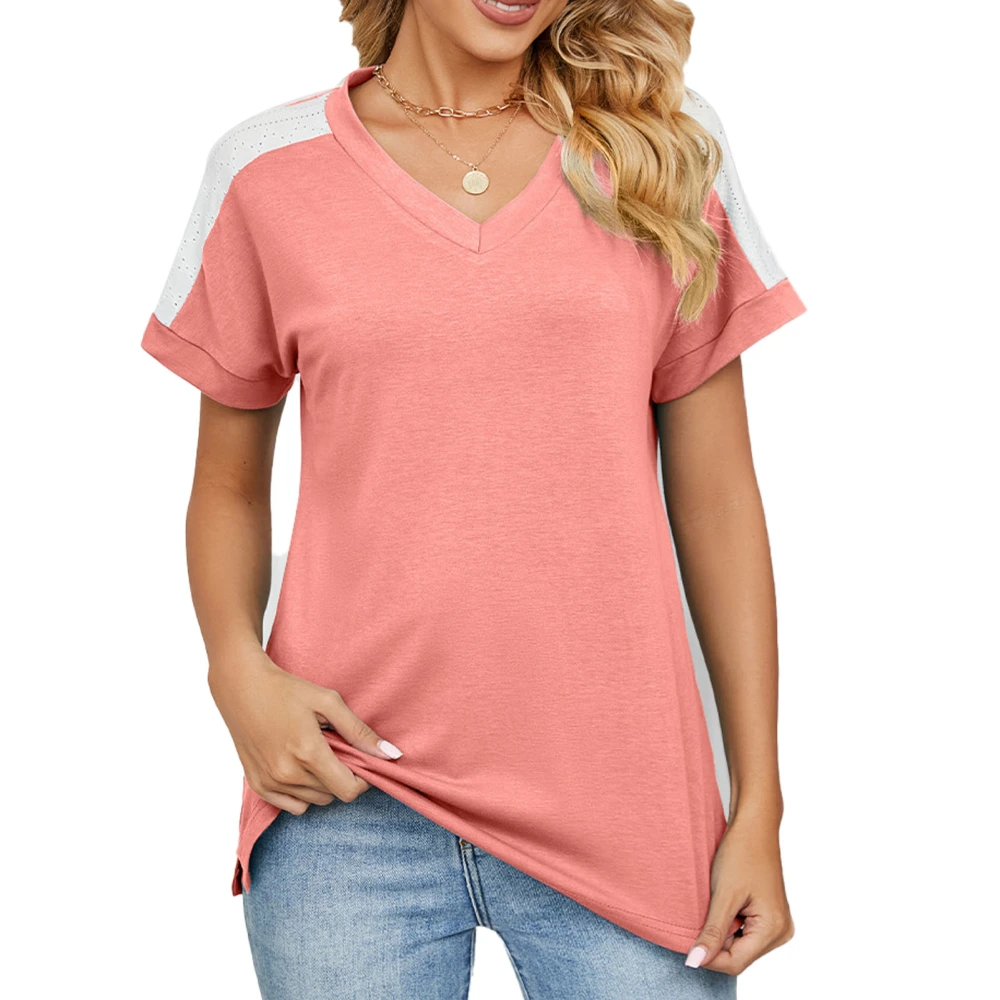 Women T Shirt V Neck Short Sleeve Comfortable Top Breathable Tee for Party Office Pink M