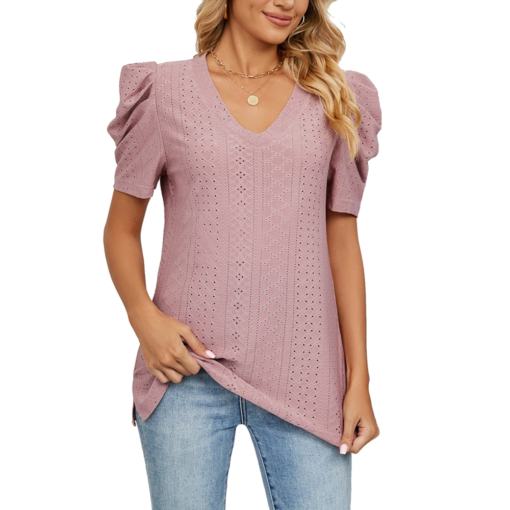 Women Short Sleeve Shirt Puff Sleeve V Neck Loose Pure Color Women Eyelet Shirt Top for Summer Deep Pink L