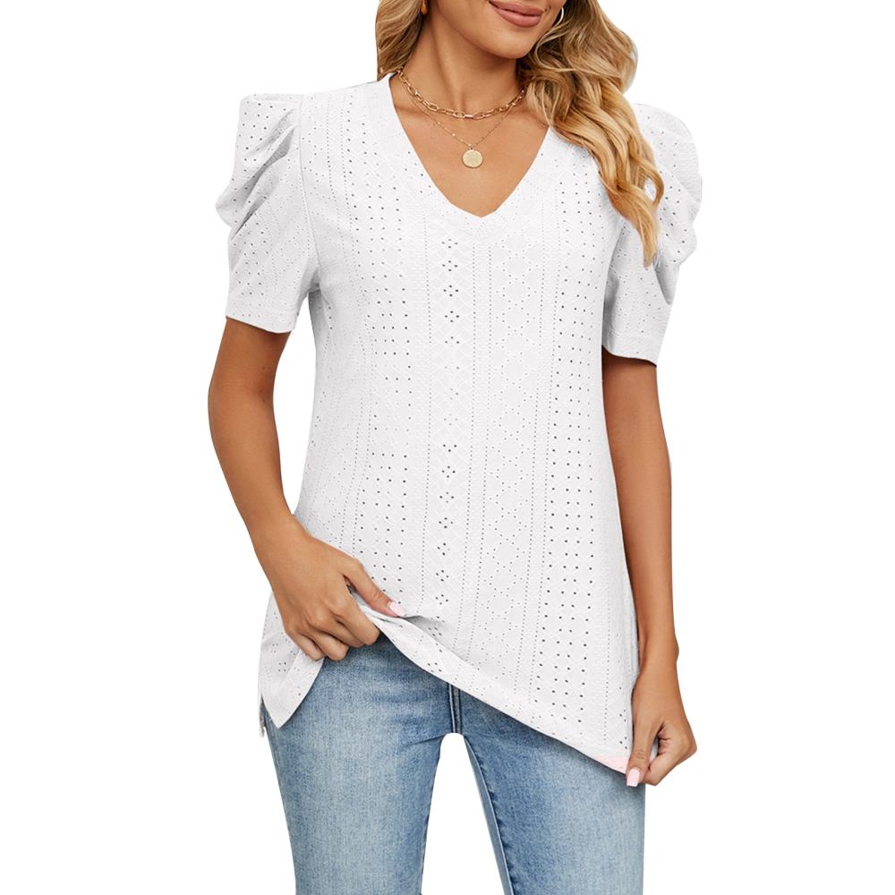 Women Short Sleeve Shirt Puff Sleeve V Neck Loose Pure Color Women Eyelet Shirt Top for Summer White XL