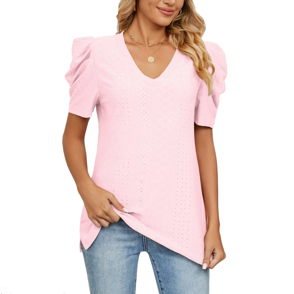 Women Short Sleeve Shirt Puff Sleeve V Neck Loose Pure Color Women Eyelet Shirt Top for Summer Pink XL