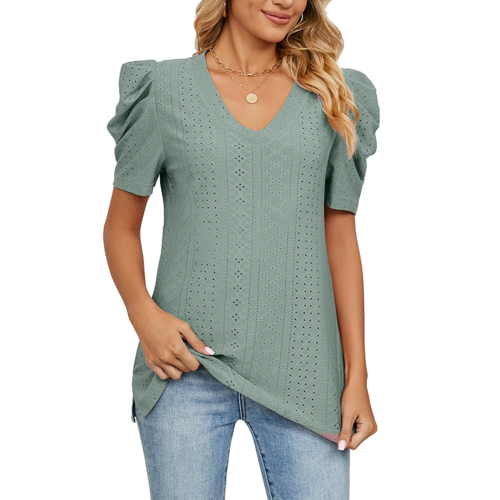 Women Short Sleeve Shirt Puff Sleeve V Neck Loose Pure Color Women Eyelet Shirt Top for Summer Pea Green M