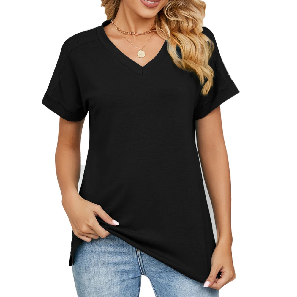 Women T Shirt V Neck Short Sleeve Comfortable Top Breathable Tee for Party Office Black S