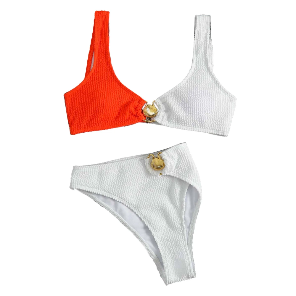 Women Two Piece Swimsuits Color Blocking Comfortable Mid Waist Fashionable Bathing Suit for Summer White Orange S