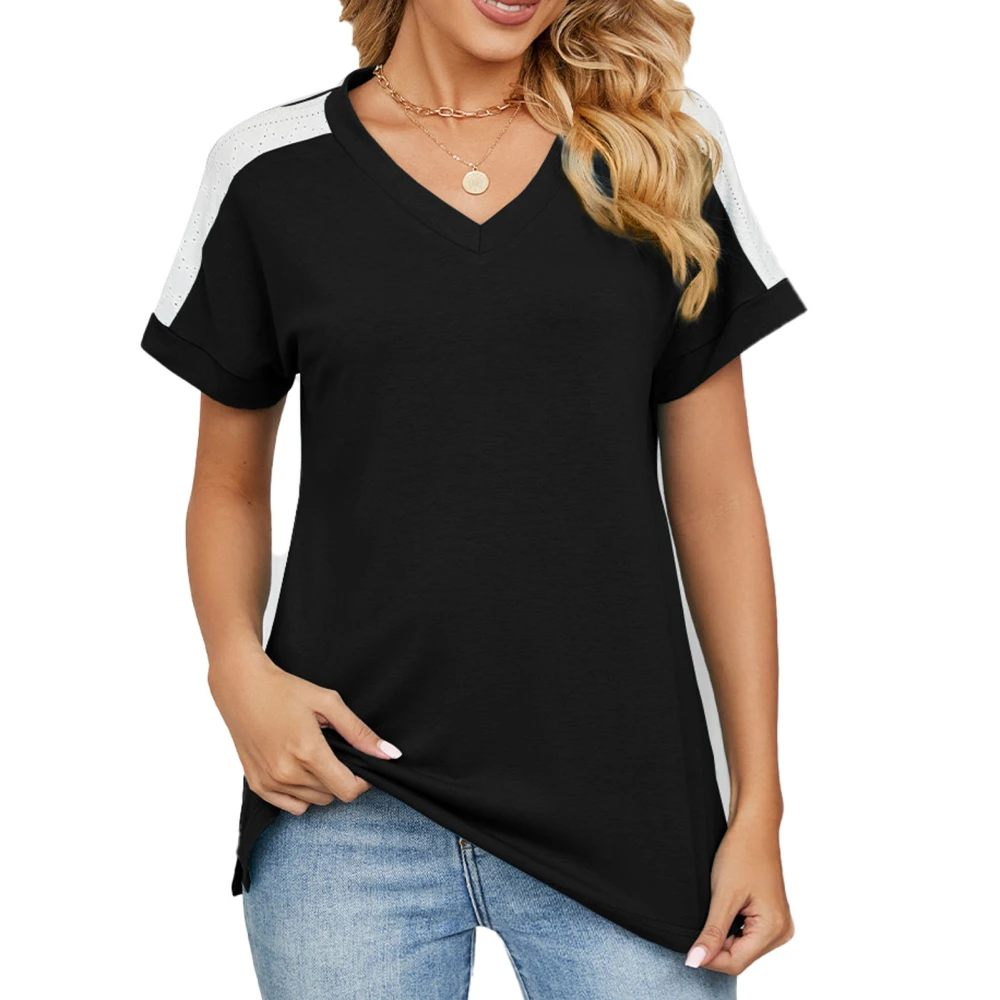 Women T Shirt V Neck Short Sleeve Comfortable Top Breathable Tee for Party Office Black and White S