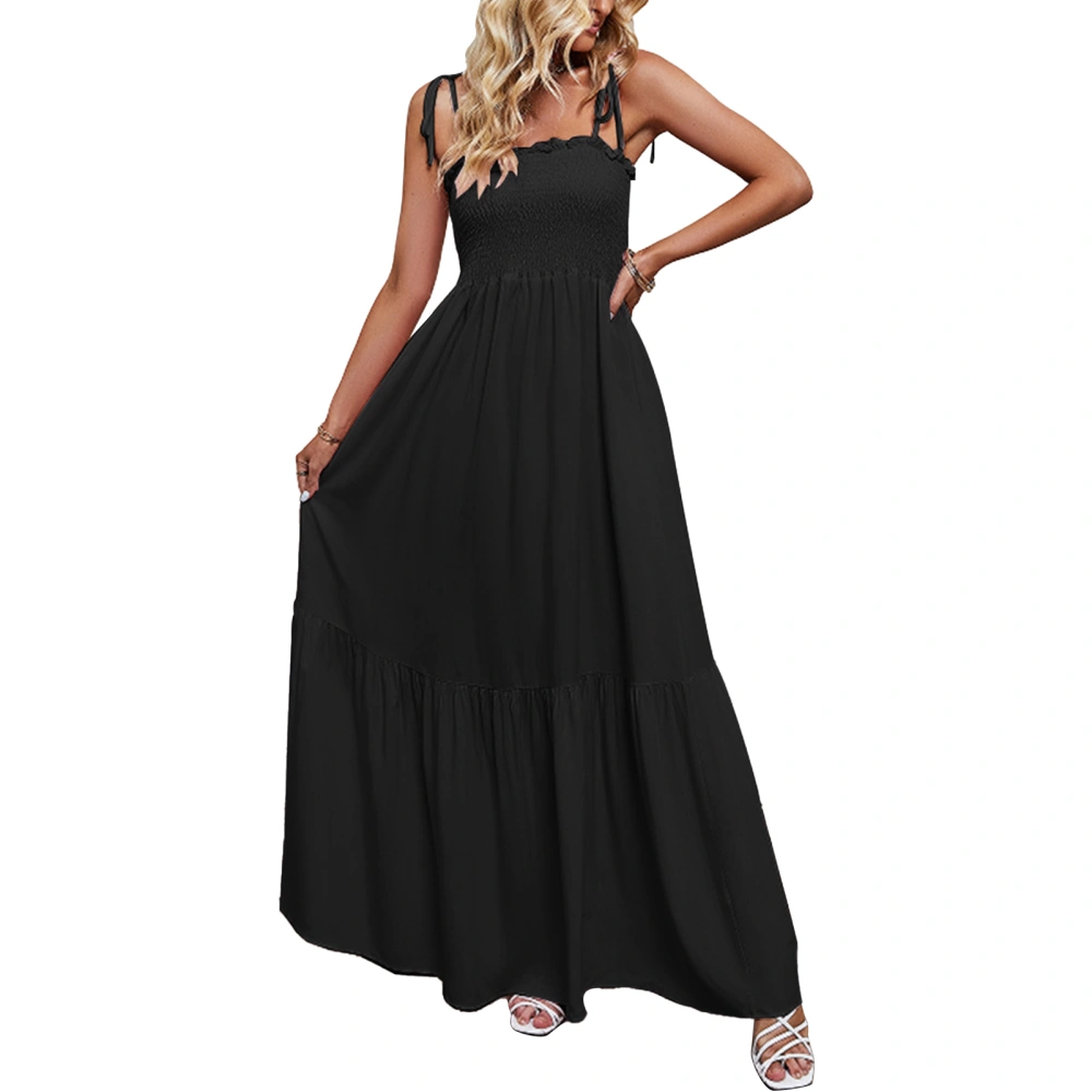 Strap Dress Fashionable Pleated Design Pure Color Women Spaghetti Strap Dress for Vacation Beach Black S