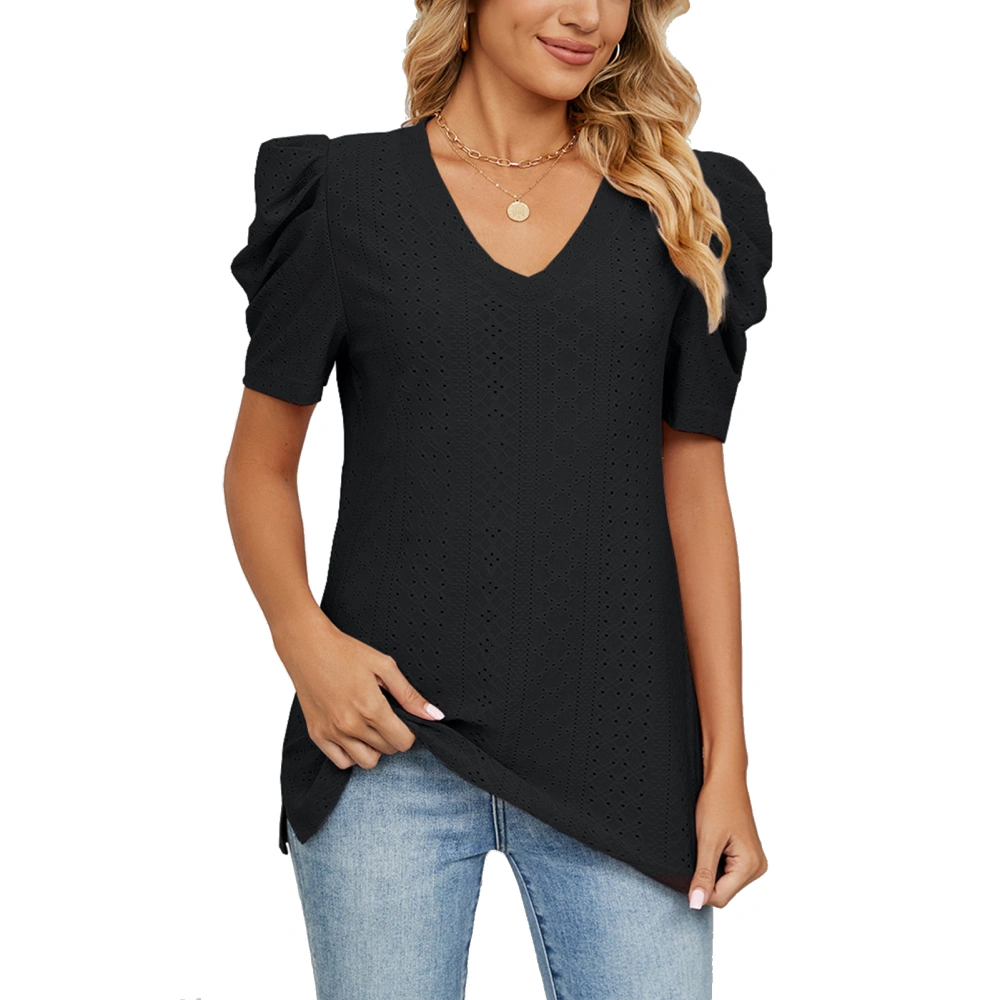 Women Short Sleeve Shirt Puff Sleeve V Neck Loose Pure Color Women Eyelet Shirt Top for Summer Black L