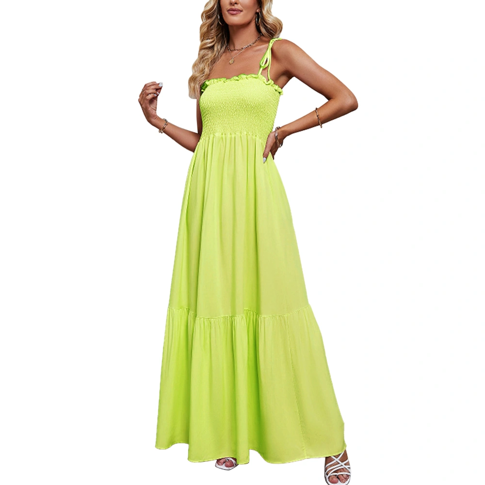 Strap Dress Fashionable Pleated Design Pure Color Women Spaghetti Strap Dress for Vacation Beach Fluorescent Green L