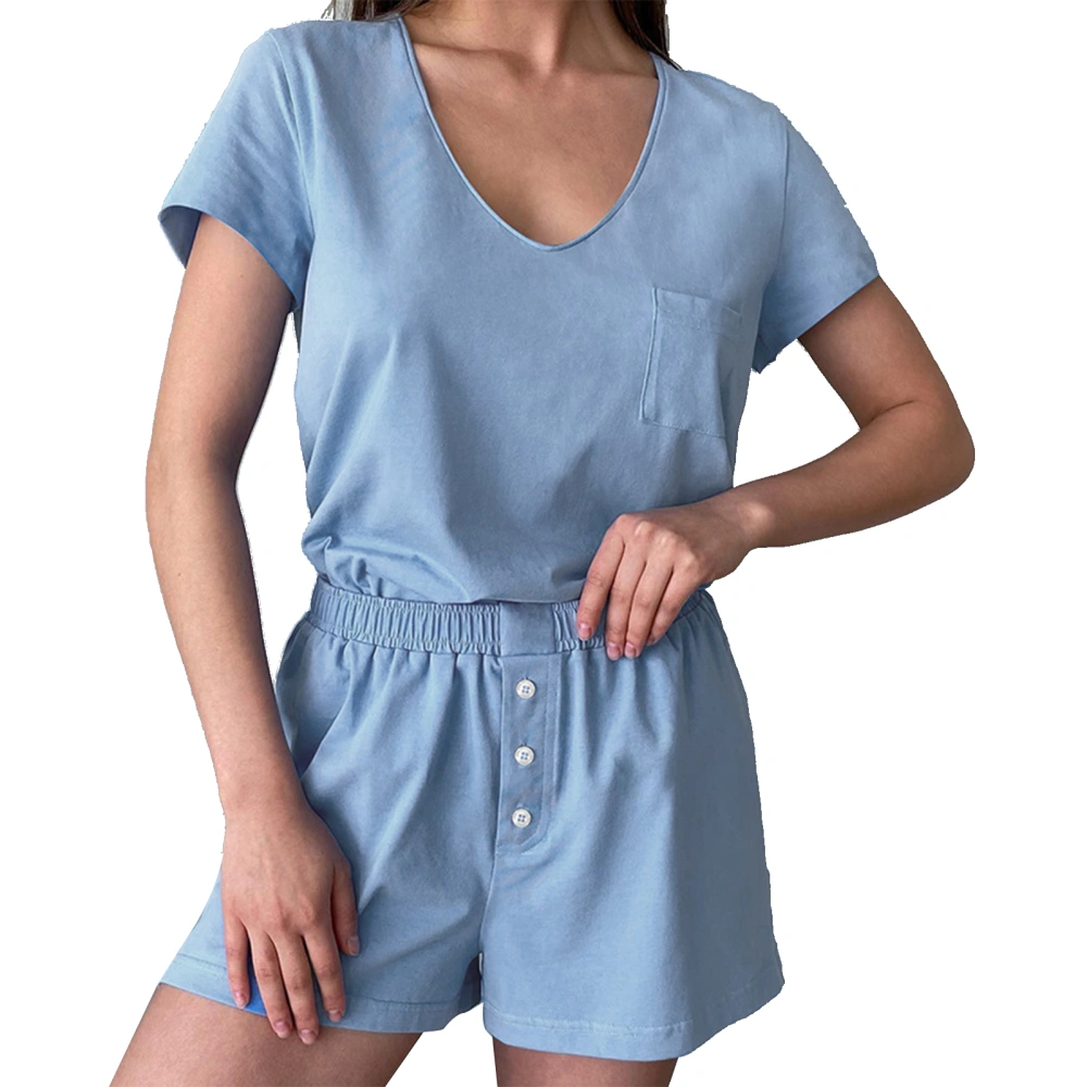 Women Short Sleeve Shorts Pajamas Pure Color V Neck Top Loose Casual Shorts Women Sleepwear Set Blue S