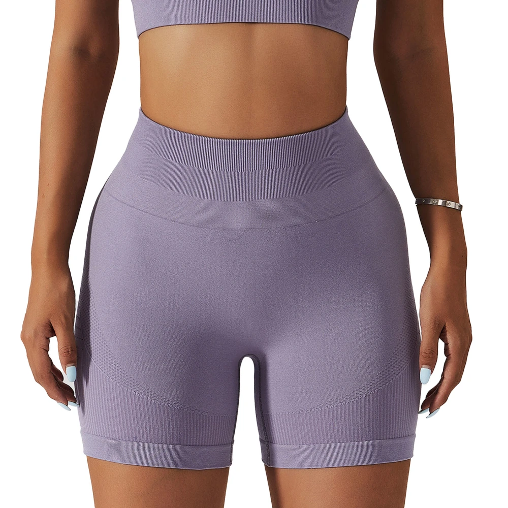 Women Running Yoga Shorts Tummy Control Seamless Knitted High Waist Butt Lifting Exercise Workout Short Leggings Purple 10/M