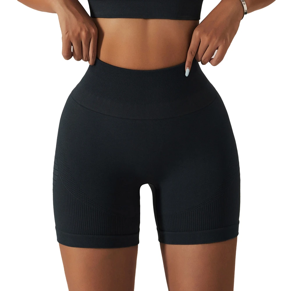 Women Running Yoga Shorts Tummy Control Seamless Knitted High Waist Butt Lifting Exercise Workout Short Leggings Black 12/L