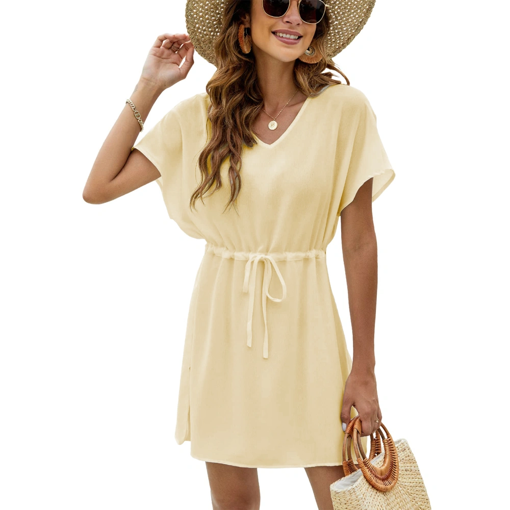 Women V Neck Short Sleeve Bikini Cover Up Loose Hem Waist Drawstring Tie Side Split Swimsuit Cover Up Dress Beige L