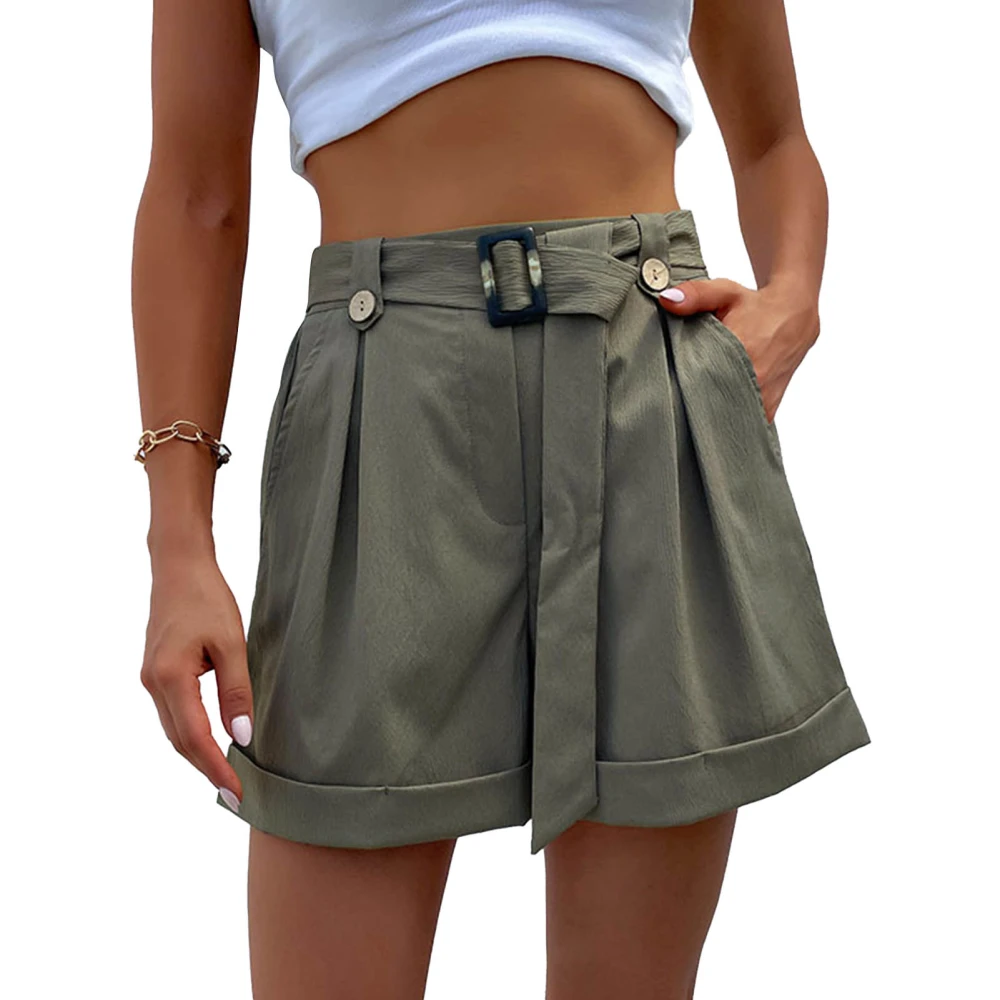 Women Casual Shorts Mid Rise Fashionable Simple Loose Women Summer Shorts with Belt OD Green L