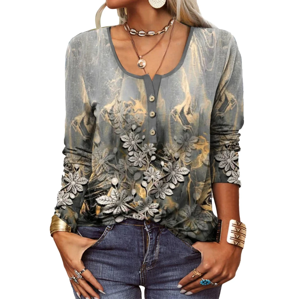 U Neck Button Floral Shirt Long Sleeve Casual Loose Fashion Soft Button Front Floral Blouse 1 S