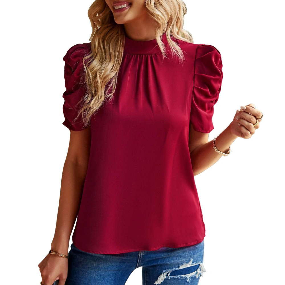 Women Half High Collar Shirt Summer Stylish Elegant Pure Color Crewneck Loose Women Short Sleeve Blouse Tops Wine Red XL