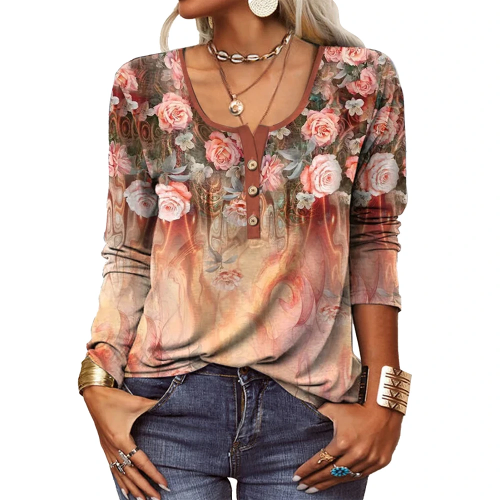 U Neck Button Floral Shirt Long Sleeve Casual Loose Fashion Soft Button Front Floral Blouse 2 3XL