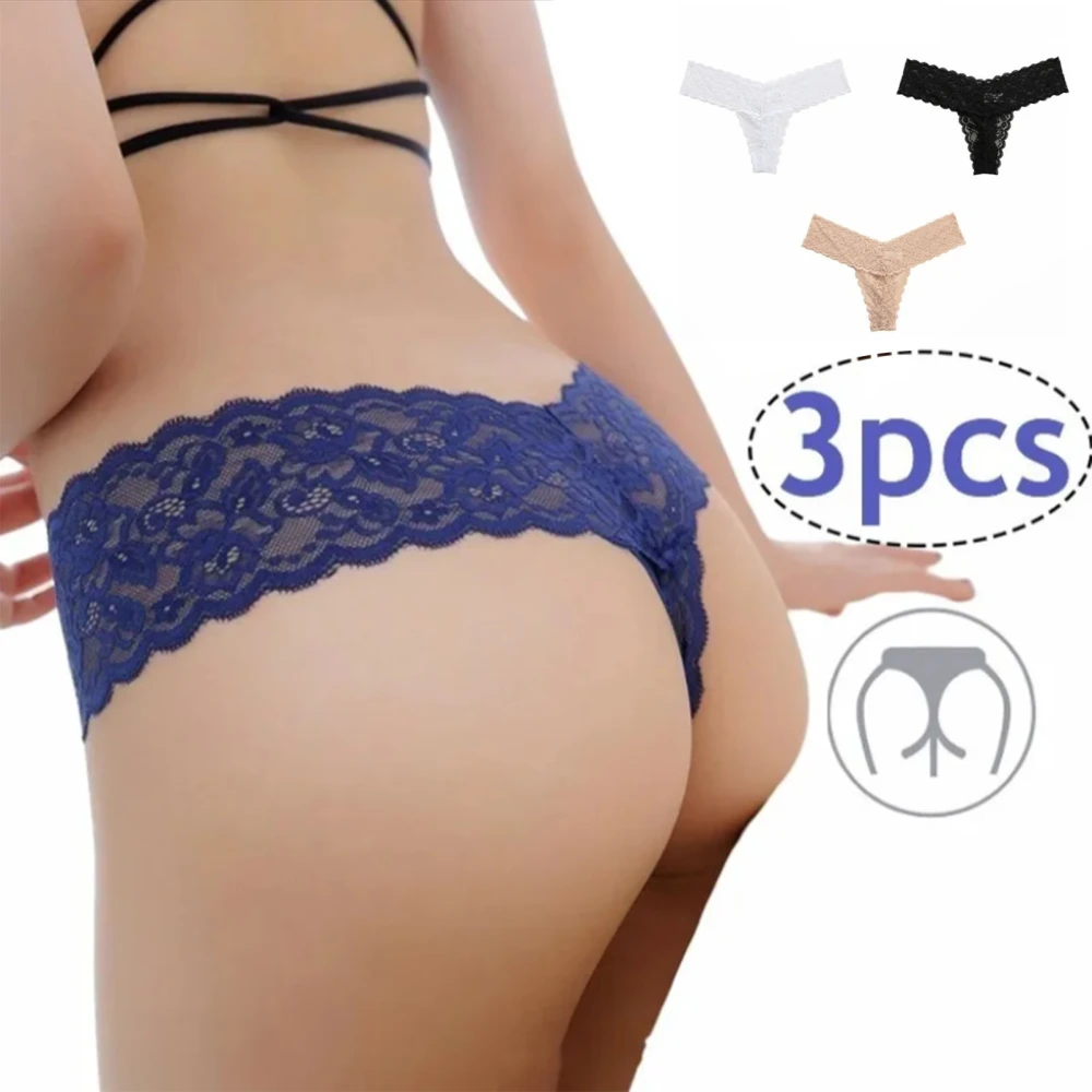 3PCS Ladies Panties Lace Knitting Pattern Underwear Kit Women Low Waist Briefs Underpants Black White Skin Colour L