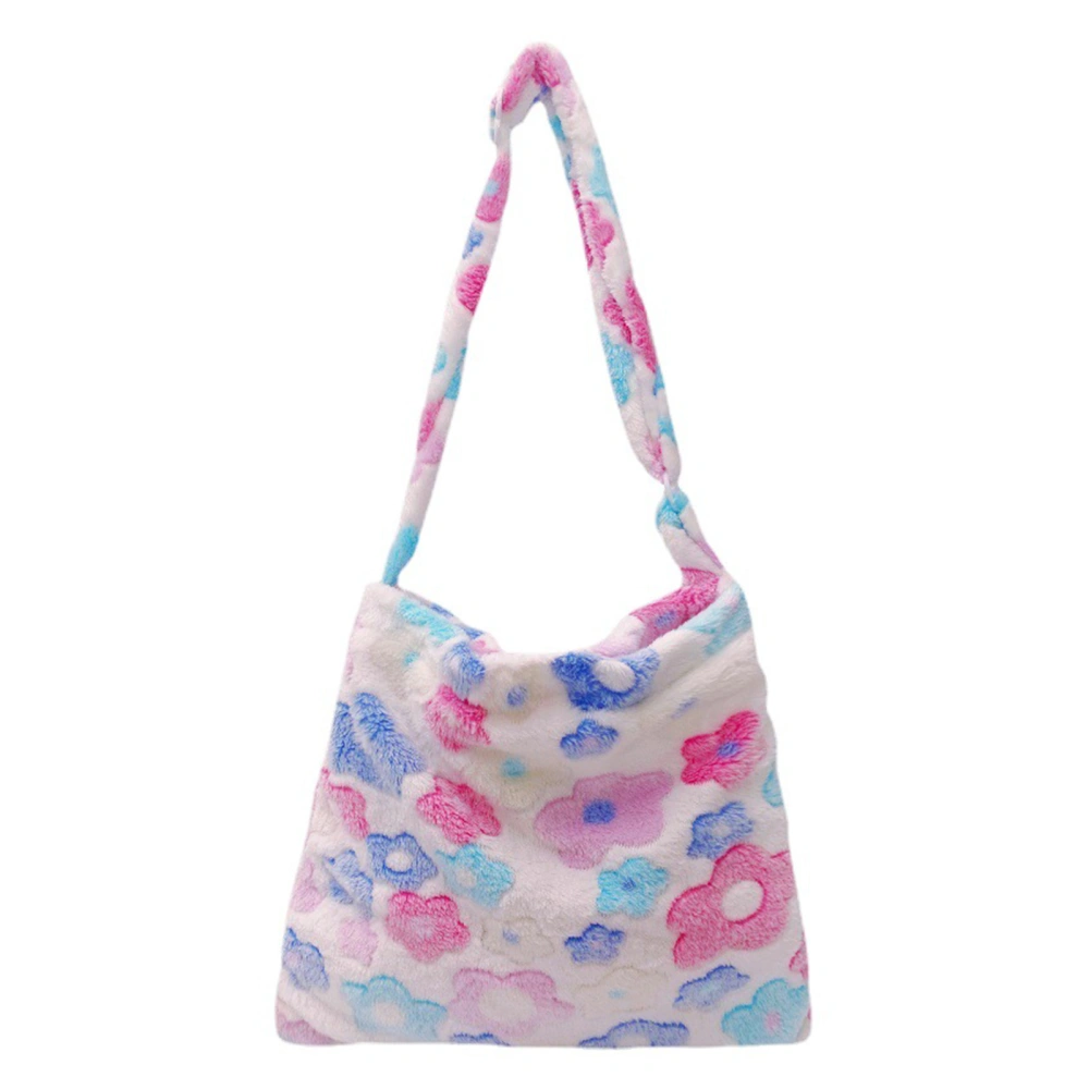 Soft Plush Messenger Bag Women Fashionable Casual Cute Flower Pattern Tote Shoulder Bag for Dating White Free Size