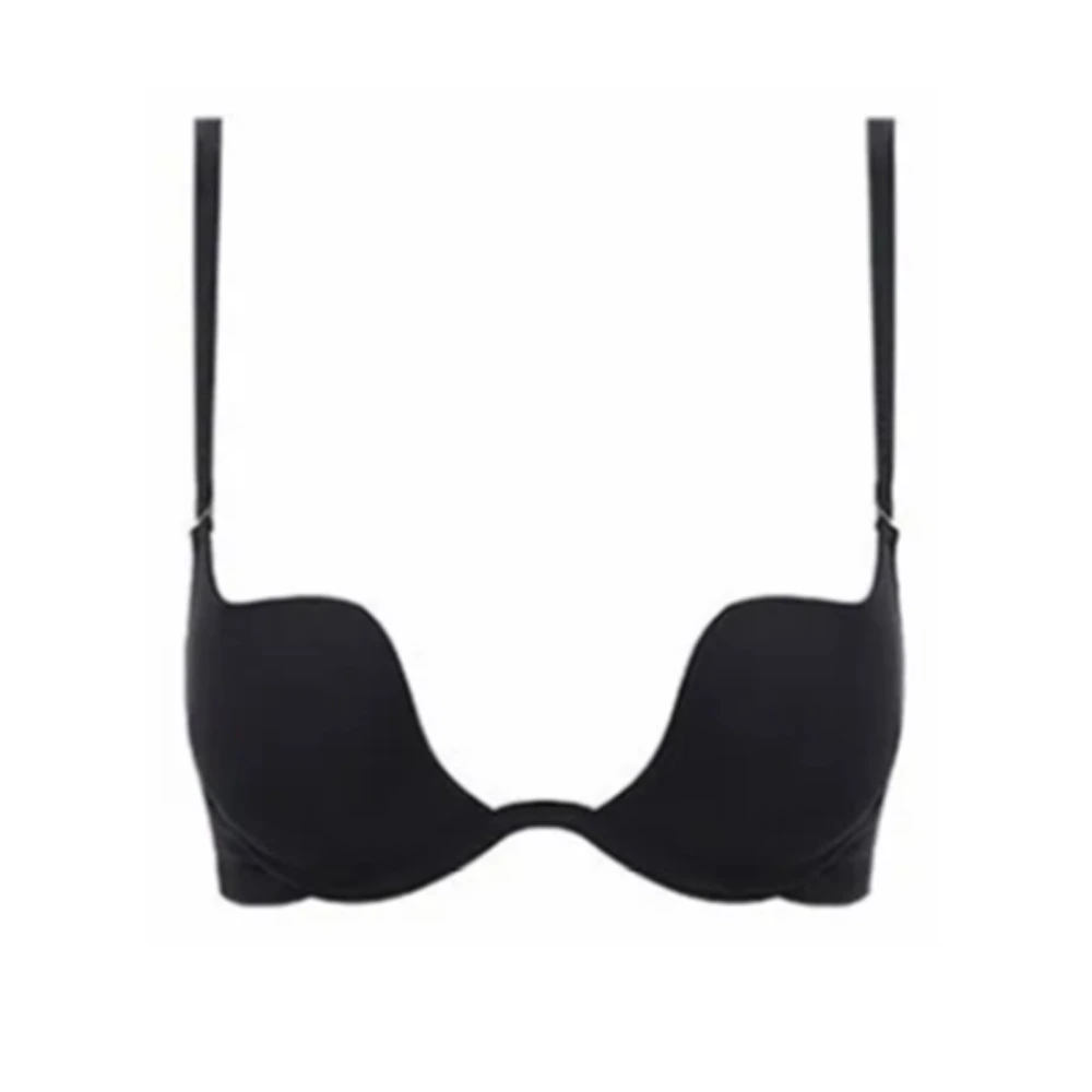 Women Deep U Low Cut Bra Push Up Backless Seamless Women Underwire Bra for Wedding Dresses Black Black 32B