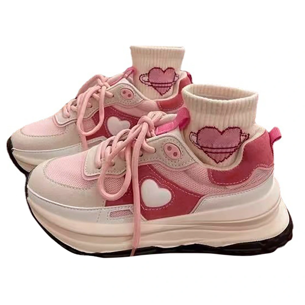 Women Casual Sneakers Artificial PU Rubber Soles Non Slip Sports Platform Shoes Heart Pattern Pink 36