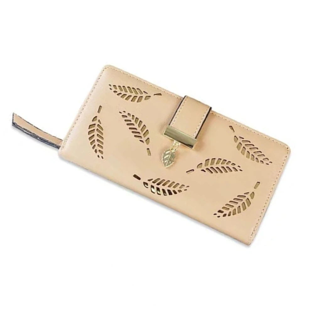 Women Long Leather Wallet 3 in 1 Simple Embossed Non Magnetic Multi Card Position Hollowed Out Leaves Pink