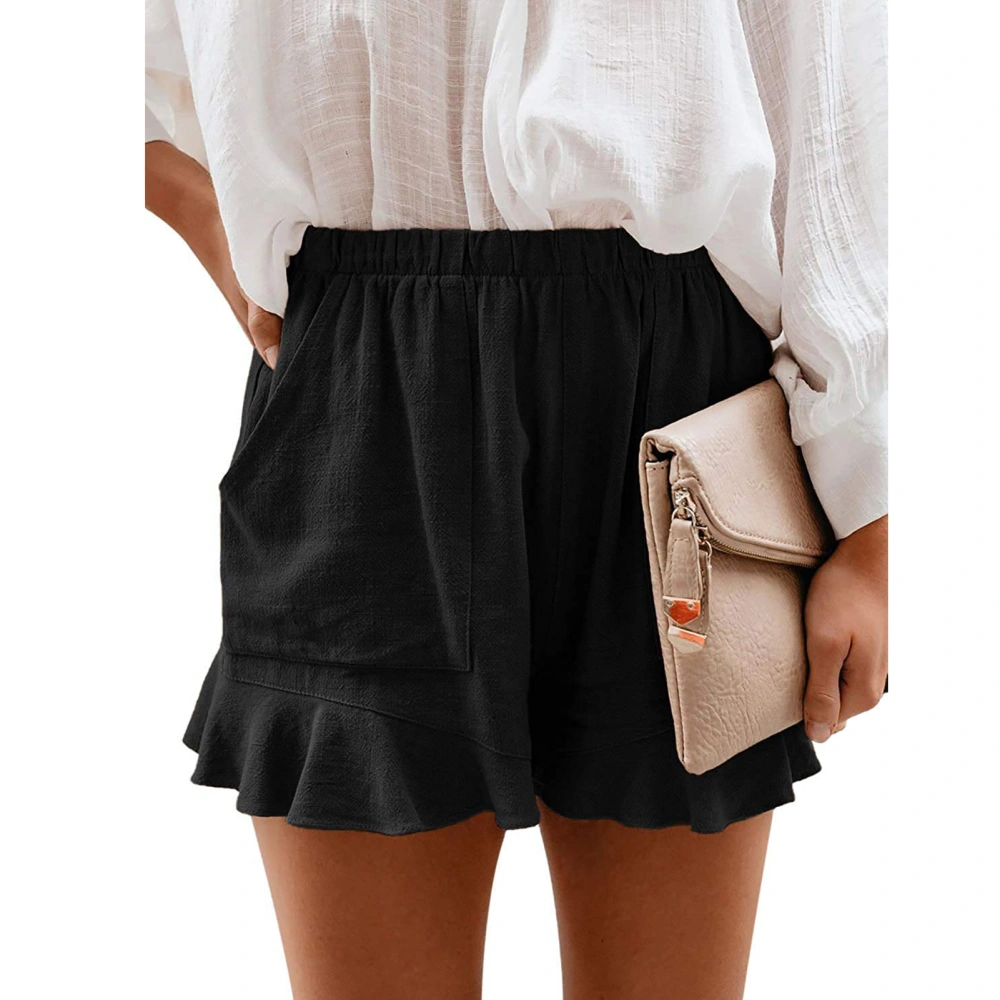 Ruffle Hem Shorts Side Pockets Elastic Middle Waist Loose Fit Women Ruffle Hem Shorts for Party Black M