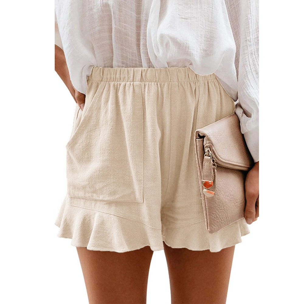 Ruffle Hem Shorts Side Pockets Elastic Middle Waist Loose Fit Women Ruffle Hem Shorts for Party Beige M