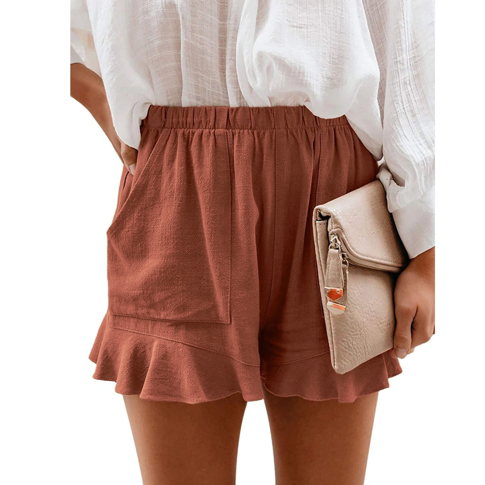 Ruffle Hem Shorts Side Pockets Elastic Middle Waist Loose Fit Women Ruffle Hem Shorts for Party Brownish Red XXL