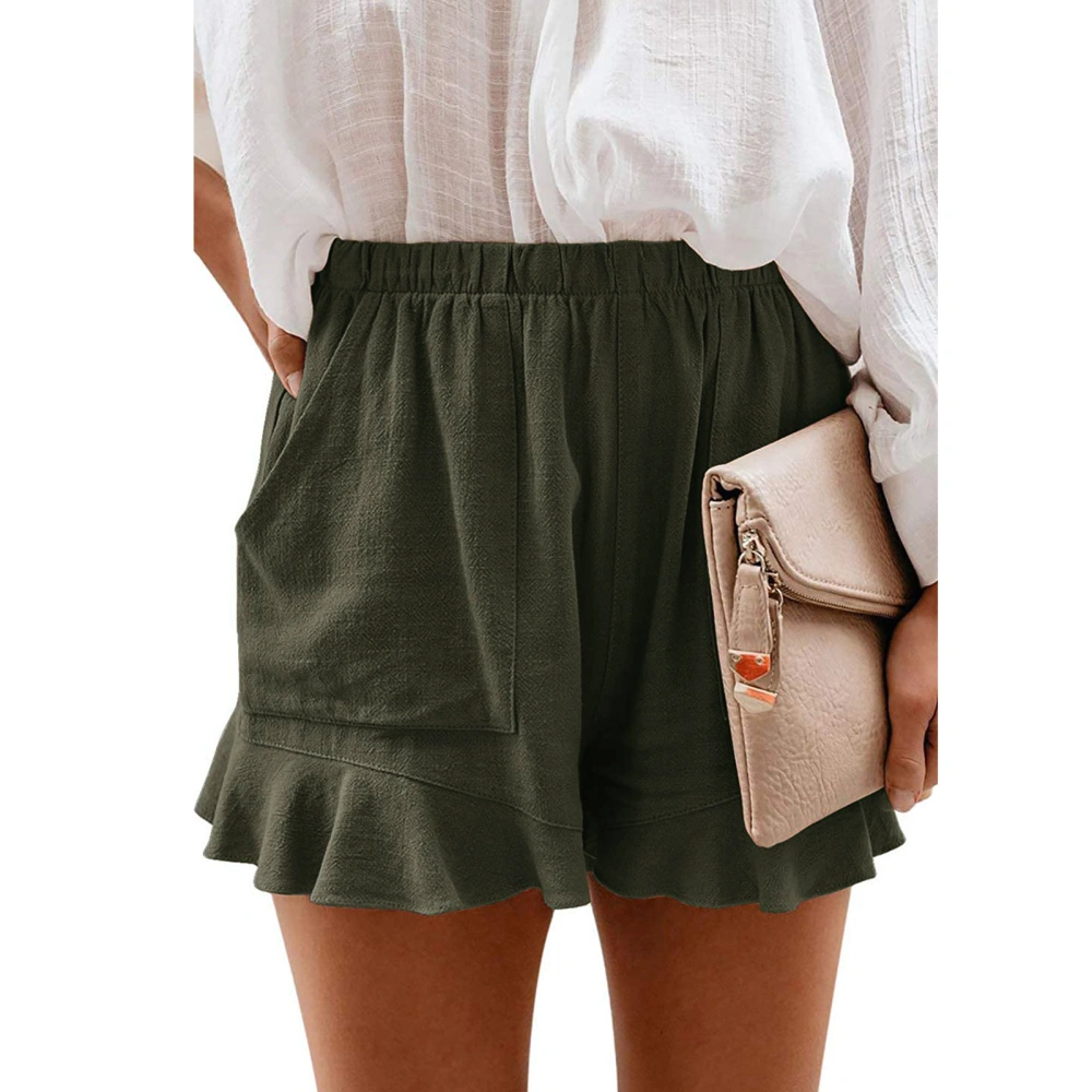 Ruffle Hem Shorts Side Pockets Elastic Middle Waist Loose Fit Women Ruffle Hem Shorts for Party OD Green L