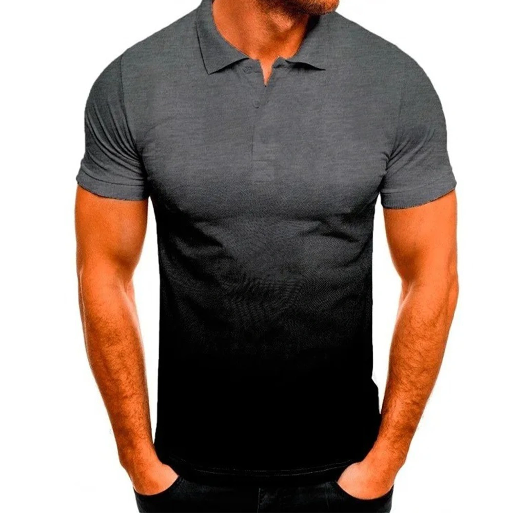 Male T Shirt Short Sleeve Turn Down Collar Breathable Gradient Casual Fit T Shirt for Summer Dark Gray XXL