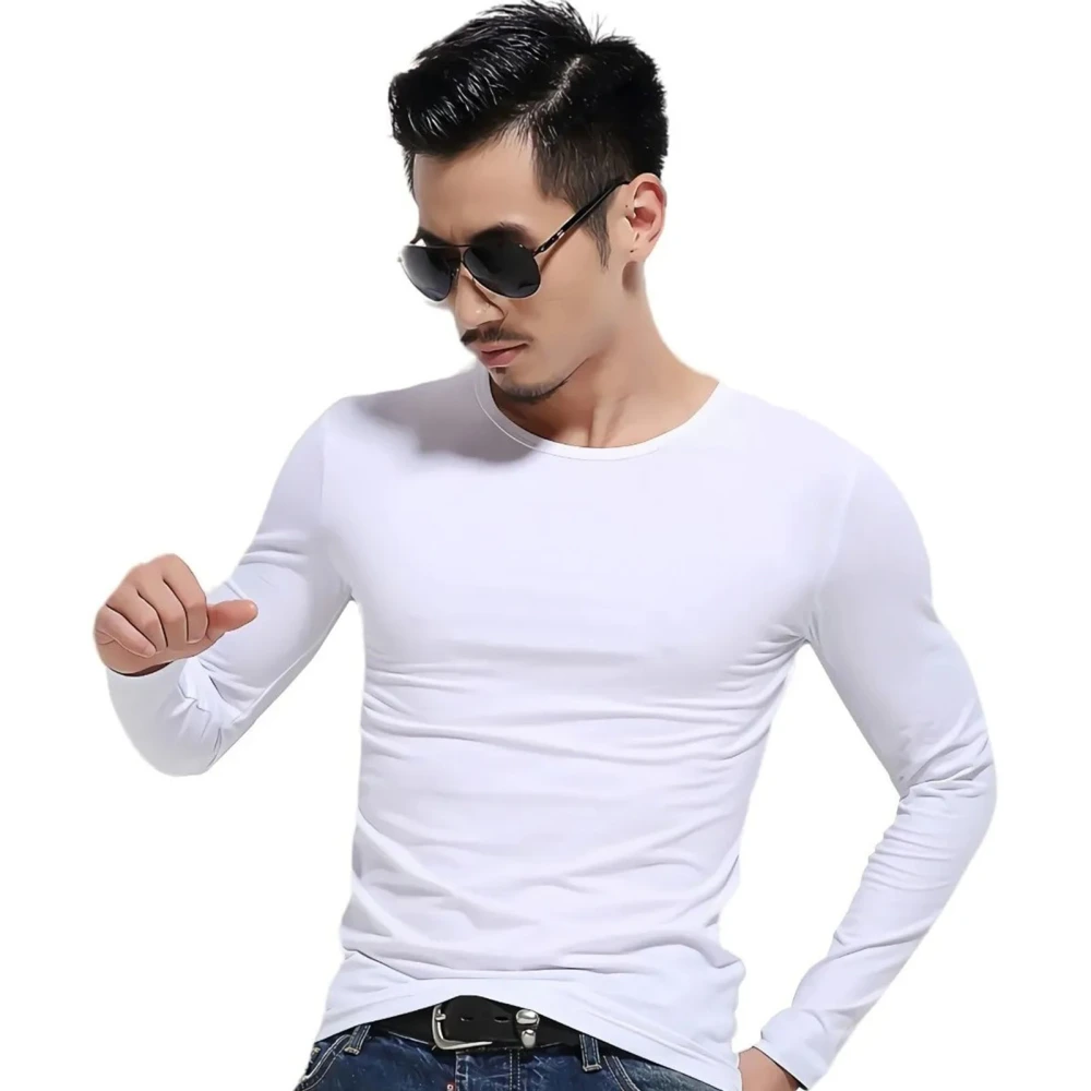 Men Long Sleeve T Shirt Fashionable Classic Pure Color Men Crew Neck Shirts for Daily Home Office Work Outing White XL