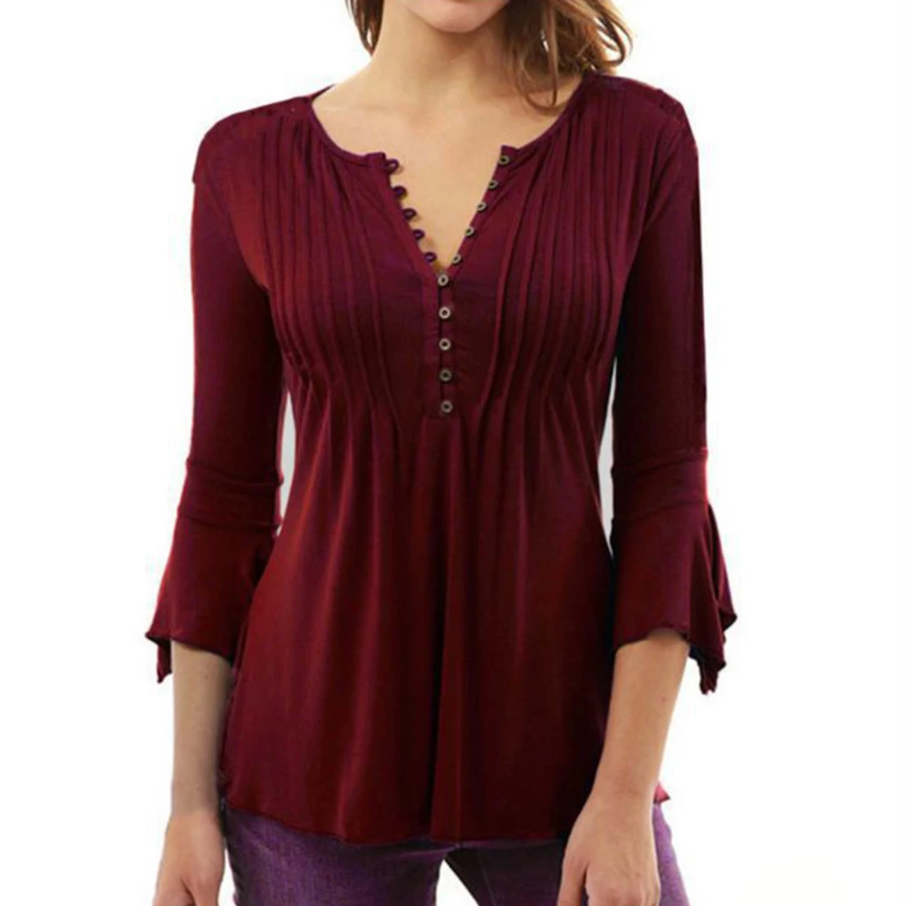 Women Tunic Top 3/4 Flare Sleeve V Neck Blouse Elegant Stylish Polyester Soft Skin Friendly Breathable Women Shirt Wine Red XL